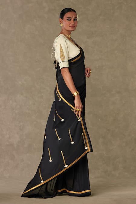 Shop Masaba Black Organza, Cotton, Linen Gota Embroidered Saree With Unstitched Blouse Piece Online at Aza Fashions Shop_Masaba_Black Organza, Cotton, Linen Gota Embroidered Saree With Unstitched Blouse Piece_Online_at_Aza_Fashions