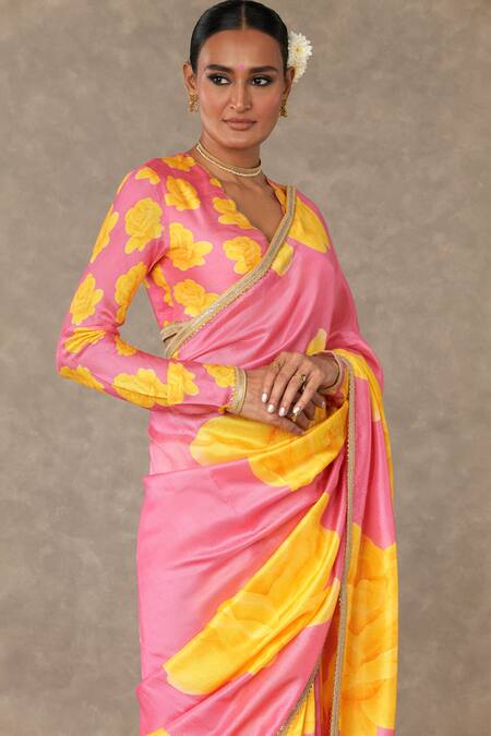 Masaba_Pink Silk Gota Patti, Sequins Gulaab Print Saree With Unstitched Blouse Piece_Online_at_Aza_Fashions