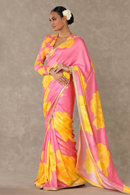 Shop_Masaba_Pink Silk Gota Patti, Sequins Gulaab Print Saree With Unstitched Blouse Piece_Online_at_Aza_Fashions