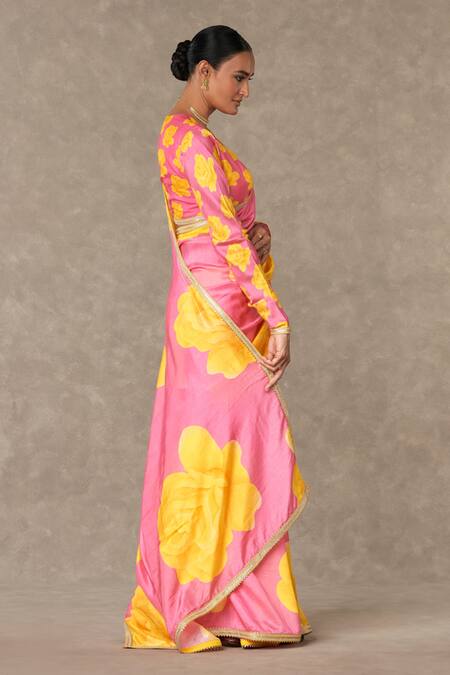 Masaba_Pink Silk Gota Patti, Sequins Gulaab Print Saree With Unstitched Blouse Piece_at_Aza_Fashions