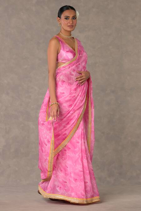 Masaba_Pink Organza, Silk Gota Bloomerang Print Saree With Unstitched Blouse Piece_Online_at_Aza_Fashions