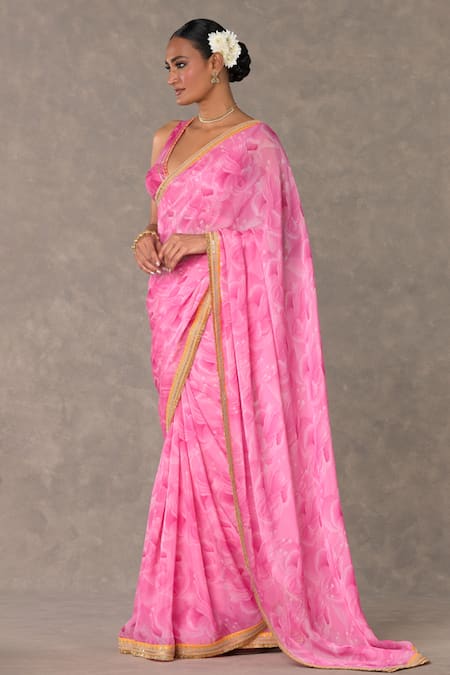 Buy_Masaba_Pink Organza, Silk Gota Bloomerang Print Saree With Unstitched Blouse Piece_Online_at_Aza_Fashions