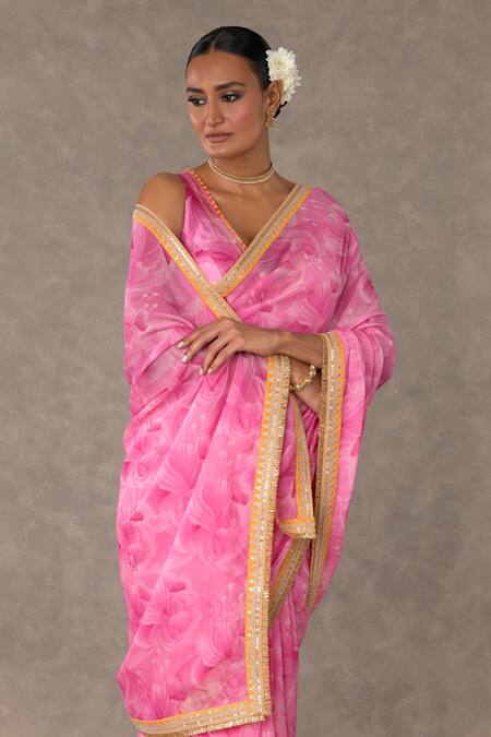 Masaba_Pink Organza, Silk Gota Bloomerang Print Saree With Unstitched Blouse Piece_at_Aza_Fashions