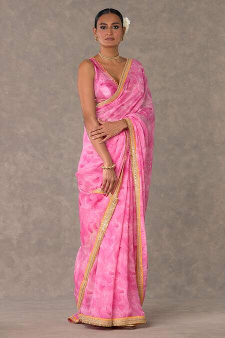Buy_Masaba_Pink Organza, Silk Gota Bloomerang Print Saree With Unstitched Blouse Piece