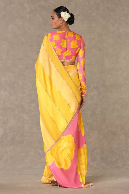 Shop Masaba Yellow Raw Silk Digital Print Gulaab Saree With Unstitched Blouse Piece at Aza Fashions Shop_Masaba_Yellow Raw Silk Digital Print Gulaab Saree With Unstitched Blouse Piece_at_Aza_Fashions