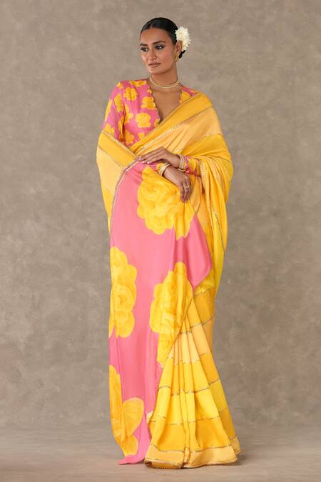 Masaba Yellow Raw Silk Digital Print Gulaab Saree With Unstitched Blouse Piece Online at Aza Fashions Masaba_Yellow Raw Silk Digital Print Gulaab Saree With Unstitched Blouse Piece_Online_at_Aza_Fashions