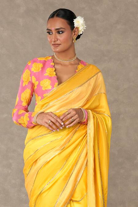 Buy Masaba Yellow Raw Silk Digital Print Gulaab Saree With Unstitched Blouse Piece Online at Aza Fashions Buy_Masaba_Yellow Raw Silk Digital Print Gulaab Saree With Unstitched Blouse Piece_Online_at_Aza_Fashions