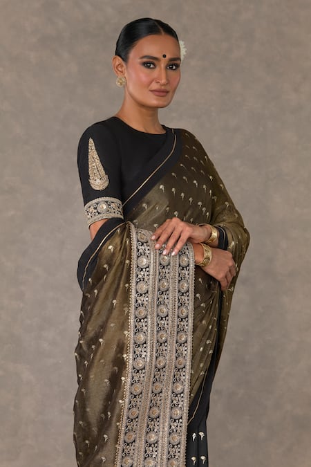 Masaba_Black Tissue, Silk Winegarden Foil Print Saree With Unstitched Blouse Piece _Online_at_Aza_Fashions