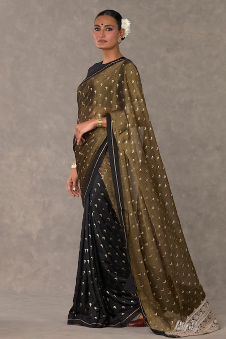 Shop_Masaba_Black Tissue, Silk Winegarden Foil Print Saree With Unstitched Blouse Piece _Online_at_Aza_Fashions