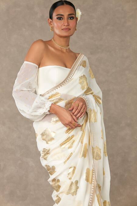 Masaba Ivory Organza, Silk Foil Printing Gulab Saree With Unstitched Blouse Piece Online at Aza Fashions Masaba_Ivory Organza, Silk Foil Printing Gulab Saree With Unstitched Blouse Piece_Online_at_Aza_Fashions