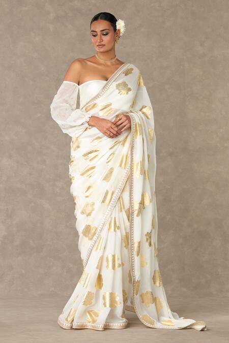 Shop Masaba Ivory Organza, Silk Foil Printing Gulab Saree With Unstitched Blouse Piece Online at Aza Fashions Shop_Masaba_Ivory Organza, Silk Foil Printing Gulab Saree With Unstitched Blouse Piece_Online_at_Aza_Fashions