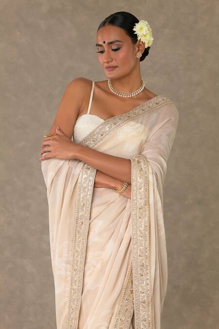 Shop_Masaba_Beige Saree - Georgette Digital Print Gulaab With Unstitched Blouse_Online_at_Aza_Fashions