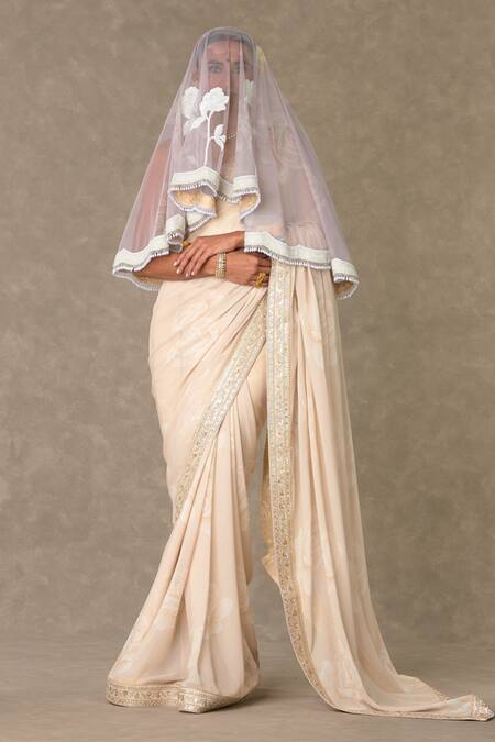 Buy Masaba Beige Saree - Georgette Digital Print Gulaab Set With Embellished Veil at Aza Fashions Buy_Masaba_Beige Saree - Georgette Digital Print Gulaab Set With Embellished Veil_at_Aza_Fashions