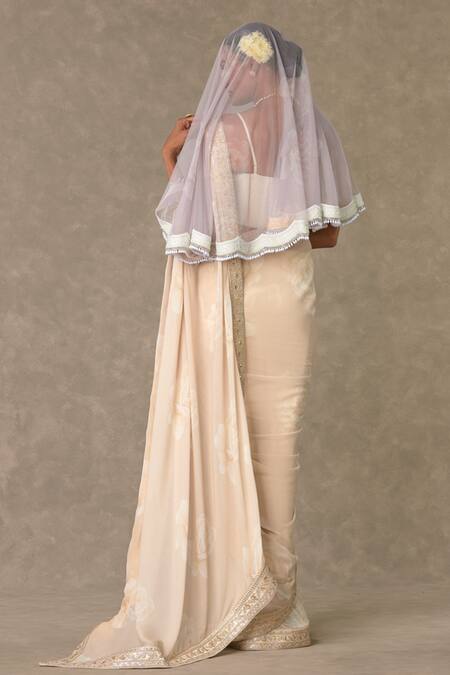 Shop Masaba Beige Saree - Georgette Digital Print Gulaab Set With Embellished Veil at Aza Fashions Shop_Masaba_Beige Saree - Georgette Digital Print Gulaab Set With Embellished Veil_at_Aza_Fashions