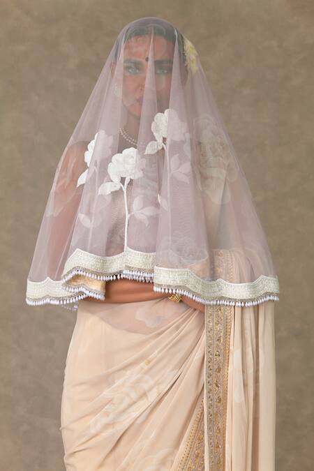 Masaba Beige Saree - Georgette Digital Print Gulaab Set With Embellished Veil Online at Aza Fashions Masaba_Beige Saree - Georgette Digital Print Gulaab Set With Embellished Veil_Online_at_Aza_Fashions