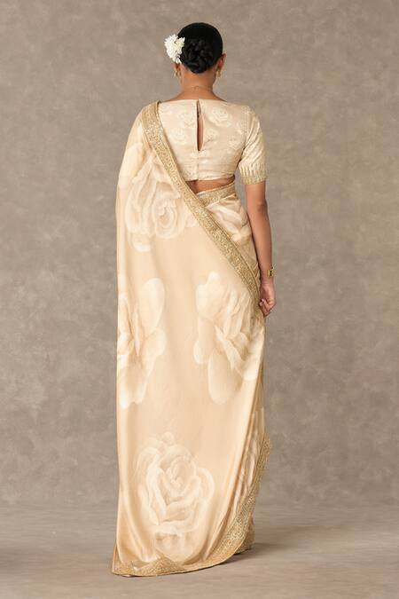 Shop Masaba Beige Silk Embroidery Round Neck Gulaab Print Saree With Unstitched Blouse Piece at Aza Fashions Shop_Masaba_Beige Silk Embroidery Round Neck Gulaab Print Saree With Unstitched Blouse Piece_at_Aza_Fashions