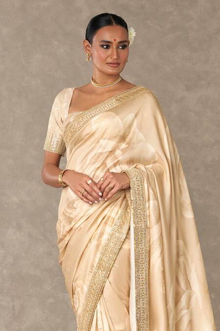 Masaba Beige Silk Embroidery Round Neck Gulaab Print Saree With Unstitched Blouse Piece Online at Aza Fashions Masaba_Beige Silk Embroidery Round Neck Gulaab Print Saree With Unstitched Blouse Piece_Online_at_Aza_Fashions