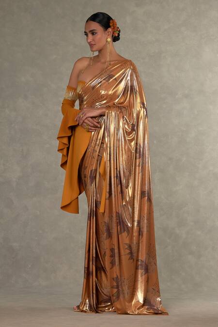 Shop_Masaba_Yellow Lurex, Georgette Masakali Print Saree With Off Shoulder Bustier _Online_at_Aza_Fashions