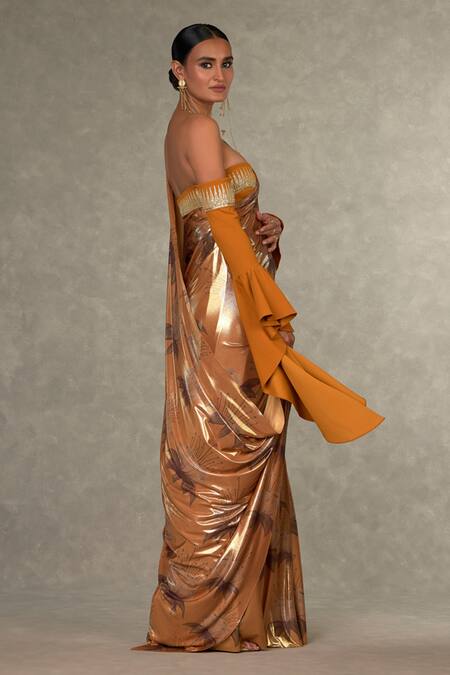 Masaba_Yellow Lurex, Georgette Masakali Print Saree With Off Shoulder Bustier _at_Aza_Fashions