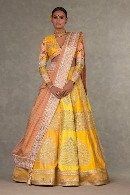 Masaba Yellow Lehenga And Blouse Raw Silk Sorbet Paan Patti Embroidered Bridal Set 