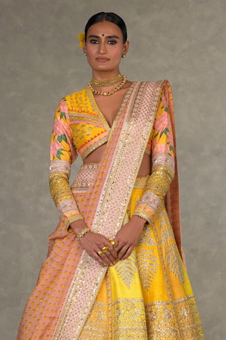 Masaba_Yellow Silk, Organza Embroidery, Sorbet Paan Patti Raw Bridal Lehenga Set _Online_at_Aza_Fashions