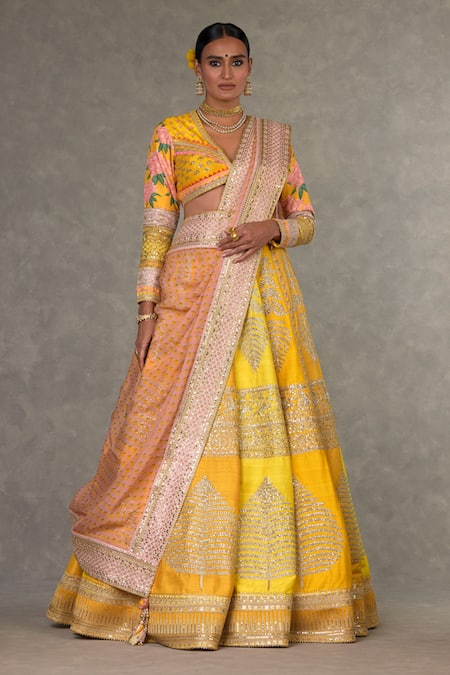 Buy_Masaba_Yellow Silk, Organza Embroidery, Sorbet Paan Patti Raw Bridal Lehenga Set _Online_at_Aza_Fashions