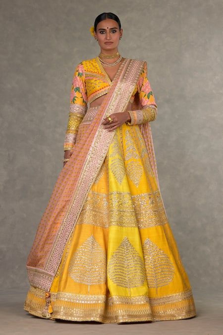Shop_Masaba_Yellow Silk, Organza Embroidery, Sorbet Paan Patti Raw Bridal Lehenga Set _Online_at_Aza_Fashions
