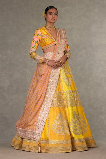 Masaba_Yellow Silk, Organza Embroidery, Sorbet Paan Patti Raw Bridal Lehenga Set _at_Aza_Fashions