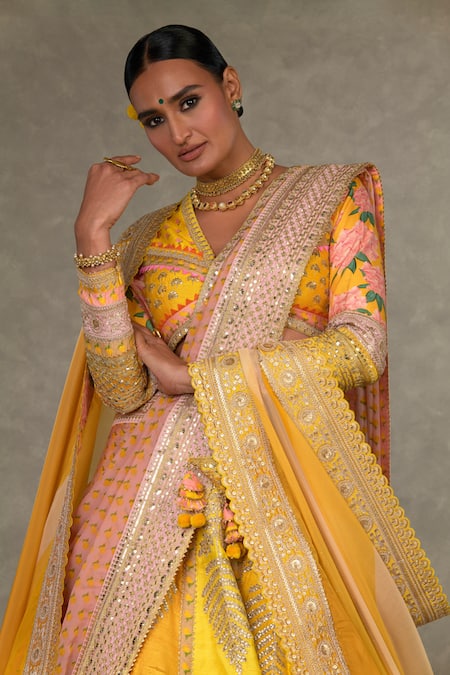 Masaba_Yellow Silk, Organza Embroidery, Zari, Sorbet Paan Patti Raw Bridal Lehenga Set _Online_at_Aza_Fashions