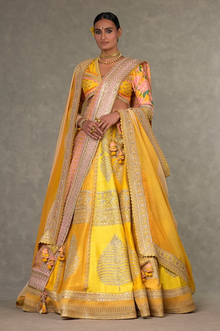 Shop_Masaba_Yellow Silk, Organza Embroidery, Zari, Sorbet Paan Patti Raw Bridal Lehenga Set _Online_at_Aza_Fashions