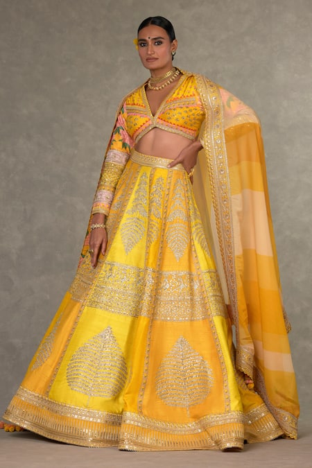 Shop_Masaba_Yellow Silk, Organza Embroidery, Zari, Sorbet Paan Patti Raw Bridal Lehenga Set 