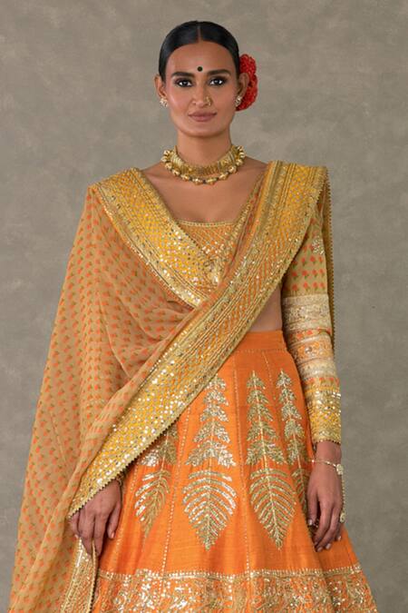 Masaba_Orange Silk, Organza Tassels, Sequins, Raw Paan Patti Bridal Lehenga Set _Online_at_Aza_Fashions