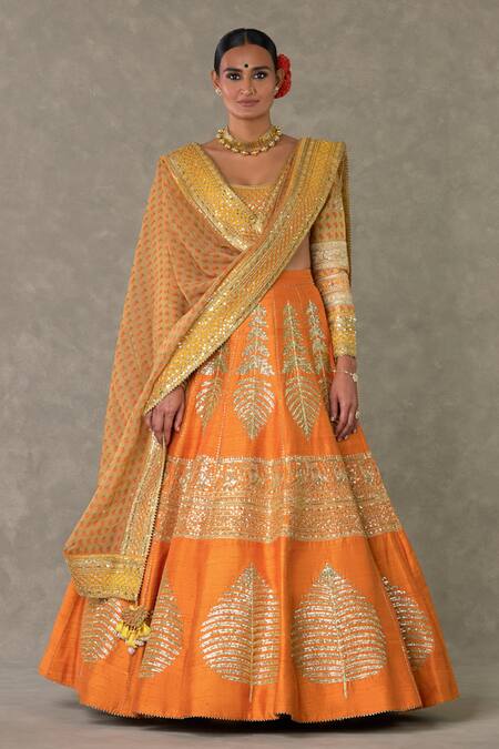Buy_Masaba_Orange Silk, Organza Tassels, Sequins, Raw Paan Patti Bridal Lehenga Set _Online_at_Aza_Fashions