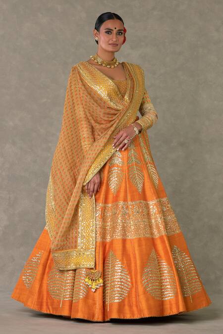 Shop_Masaba_Orange Silk, Organza Tassels, Sequins, Raw Paan Patti Bridal Lehenga Set _Online_at_Aza_Fashions