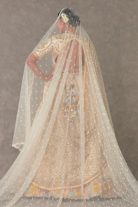 Shop_Masaba_Ivory Silk, Organza Sequins, Mirrors, Embroidery Anar Phool Bridal Lehenga Set _at_Aza_Fashions