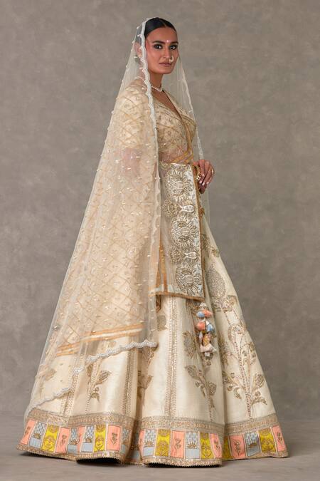Masaba_Ivory Silk, Organza Sequins, Mirrors, Embroidery Anar Phool Bridal Lehenga Set _at_Aza_Fashions