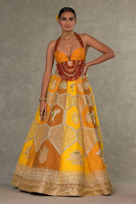 Masaba_Yellow , Organza Sequins, Stones, Raw Neel Kamal Lehenga Bustier Set_at_Aza_Fashions