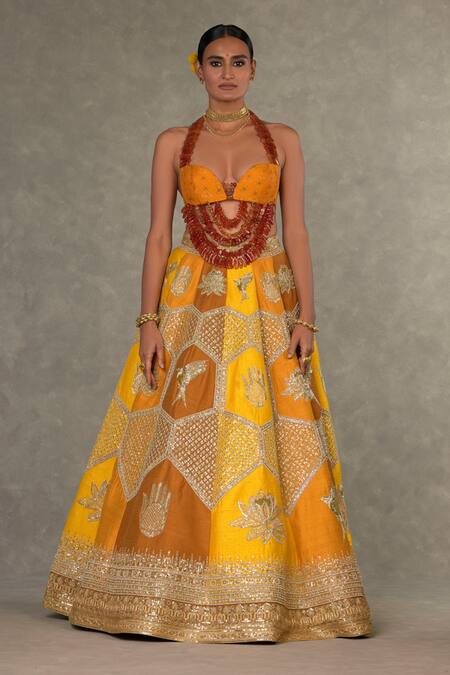 Buy_Masaba_Yellow , Organza Sequins, Stones, Raw Neel Kamal Lehenga Bustier Set