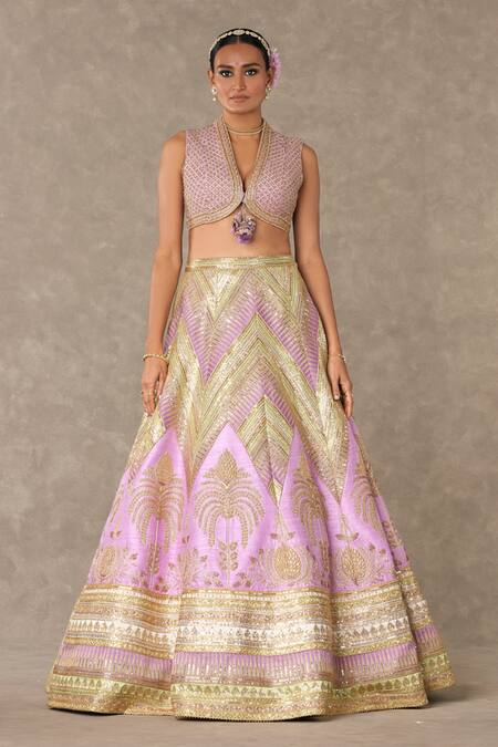 Masaba_Purple Silk, Organza Embroidery V-neck Anar Phool Patchwork Lehenga Set _Online_at_Aza_Fashions