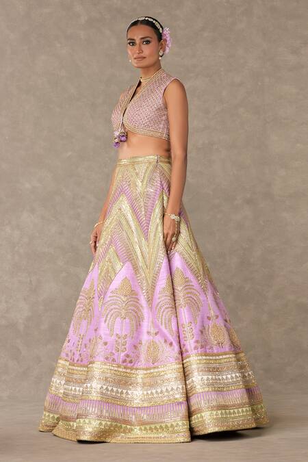 Buy_Masaba_Purple Silk, Organza Embroidery V-neck Anar Phool Patchwork Lehenga Set _Online_at_Aza_Fashions