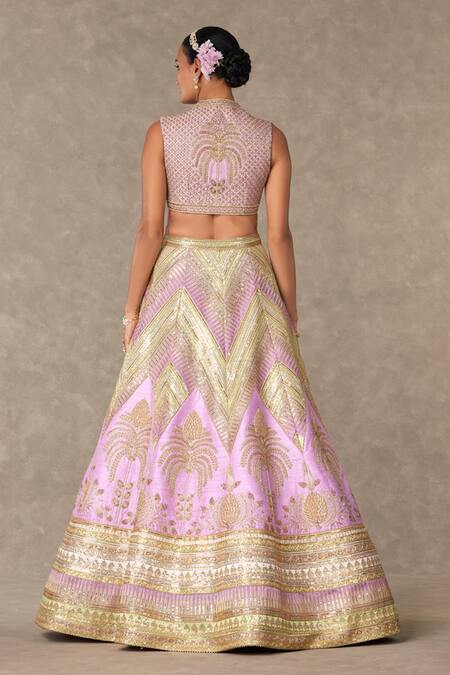 Shop_Masaba_Purple Silk, Organza Embroidery V-neck Anar Phool Patchwork Lehenga Set _Online_at_Aza_Fashions