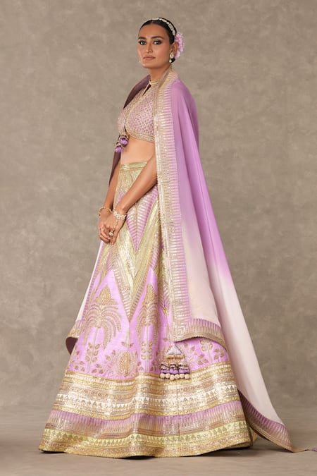 Masaba_Purple Silk, Organza Embroidery V-neck Anar Phool Patchwork Lehenga Set _at_Aza_Fashions