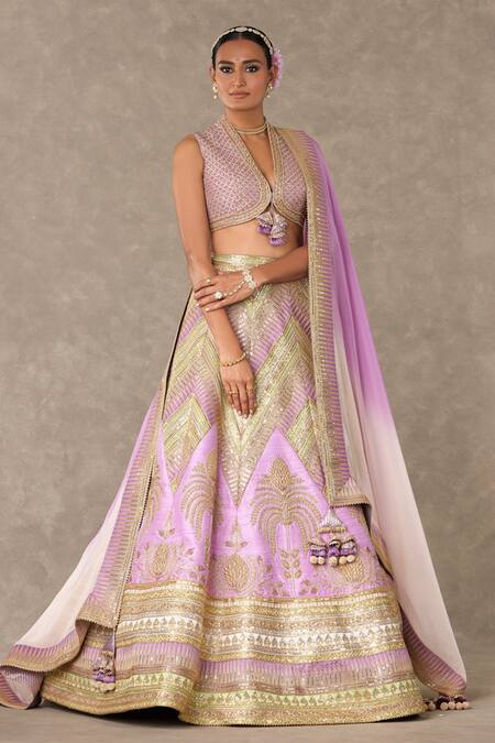 Buy_Masaba_Purple Silk, Organza Embroidery V-neck Anar Phool Patchwork Lehenga Set 