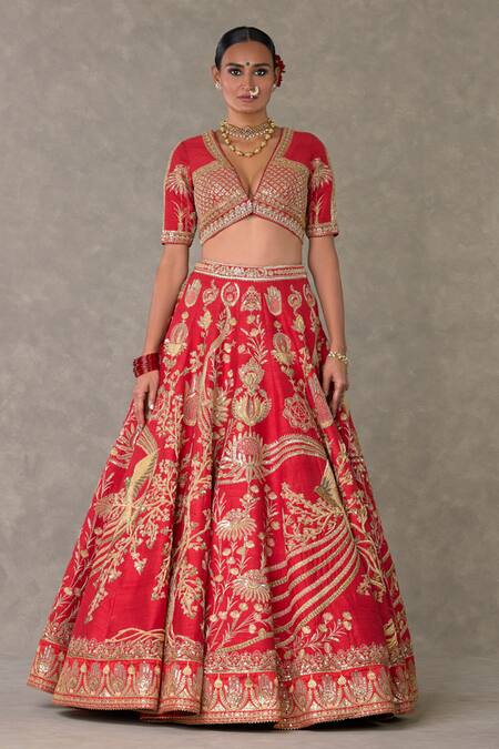 Masaba_Red , Organza Raw Bagh E Bahara Embroidered Bridal Lehenga Set _Online_at_Aza_Fashions