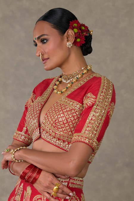 Shop_Masaba_Red , Organza Raw Bagh E Bahara Embroidered Bridal Lehenga Set _Online_at_Aza_Fashions