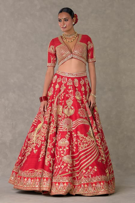 Masaba_Red , Organza Raw Bagh E Bahara Embroidered Bridal Lehenga Set _at_Aza_Fashions