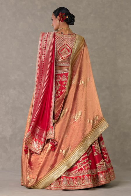 Shop_Masaba_Red Silk Embroidery, Mirrors V-neck Raw Bagh E Bahara Bridal Lehenga Set _at_Aza_Fashions