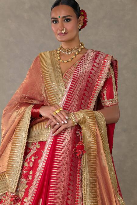 Masaba_Red Silk Embroidery, Mirrors V-neck Raw Bagh E Bahara Bridal Lehenga Set _Online_at_Aza_Fashions