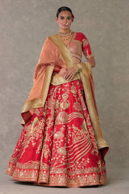 Buy_Masaba_Red Silk Embroidery, Mirrors V-neck Raw Bagh E Bahara Bridal Lehenga Set _Online_at_Aza_Fashions