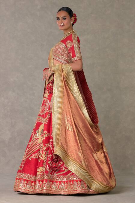 Shop_Masaba_Red Silk Embroidery, Mirrors V-neck Raw Bagh E Bahara Bridal Lehenga Set _Online_at_Aza_Fashions